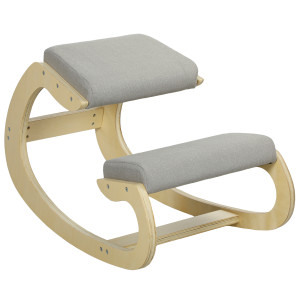 Homcom Sedia Ergonomica con Inginocchiatoio e Reclinabile, in Tessuto Effetto Lino e Legno, 55x85x55 cm, Grigio Chiaro   Aosom Italy