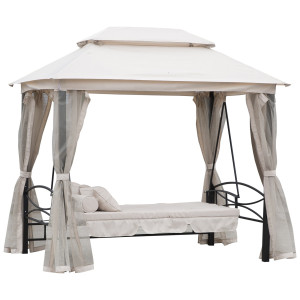Outsunny Dondolo 3 Posti e Lettino Singolo Copertura a Gazebo con Zanzariera e Cuscini 256x172x248cm Crema Aosom