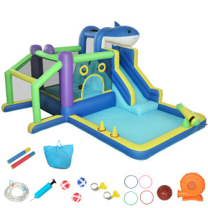 Aiyaplay Gonfiabile Tema Squali con Scivolo, Piscina/Piscina Palline per Divertimento Bambini all'Aperto   Aosom Italy
