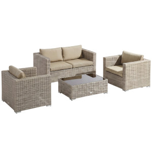 Outsunny Set Mobili da Giardino 4 Pezzi in Rattan PE, Salotto da Esterno 1 Divano, 2 Poltrone, 1 Tavolino e Cuscini Lavabili, Kaki e Beige Aosom