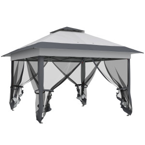 Outsunny Gazebo da Esterno 3.6x3.6m in Acciaio e Tessuto Oxford Anti-UV con Zanzariere e Altezza Regolabile, Gazebo Pieghevole, Grigio Aosom