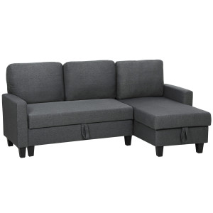 Homcom Divano Letto 3 Posti con Chaise e Spazio Contenitore, in Tessuto Effetto Lino, 197x129x85 cm, Grigio Carbone   Aosom Italy