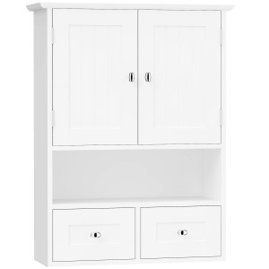 Kleankin Armadietto Pensile Bagno a 2 Ante con Ripiano Aperto e 2 Cassetti in Legno, Bianco