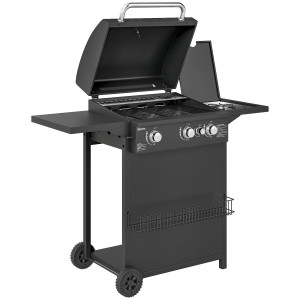 Outsunny Barbecue a Gas con Bruciatori Indipendenti, Coperchio con Termometro e Tavolino Laterale, Nero