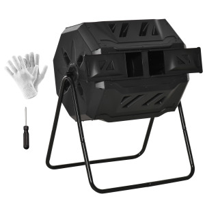 Outsunny Compostiera Domestica da 160L, Compostiera da Giardino e da Balcone in Plastica PP Nera, Bidone per Compost Girevole, 71x64x92cm Aosom