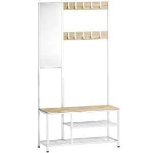 Homcom 4-in-1: Panca ingresso con specchio, porta abiti, finitura legno naturale.   Aosom Italy