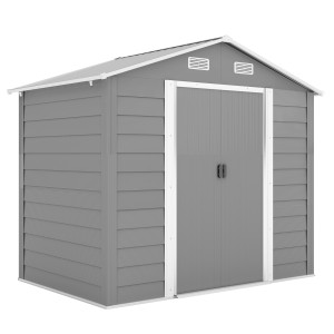 Outsunny Casetta da Giardino con Porte Scorrevoli e 4 Prese d'Aria, Capanno Attrezzi in Acciaio e PP, 196x236x208 cm, Grigio Chiaro   Aosom Italy