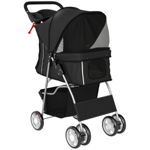 Pawhut Passeggino per Cani Pieghevole con Catarifrangenti, Ruote Girevoli, Freni e Cuscino Lavabile, 77x44x102 cm, Nero   Aosom Italy