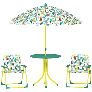 Aiyaplay Set da Giardino per Bambini a Tema Giungla con 2 Sedie Pieghevoli, Ombrellone e Tavolino Rotondo, Multicolore   Aosom Italy