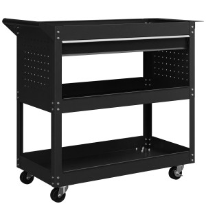 Durhand Carrello 3 Livelli in Acciaio con Cassetto, Porta Utensili Laterale e Maniglia, Nero   Aosom Italy