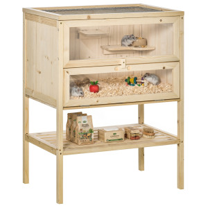 Pawhut Gabbia grande per criceti con tetto apribile in legno, 60x40x80 cm   Aosom Italy