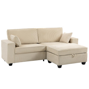 Homcom Divano angolare 3 posti con contenitore in velluto a coste, Beige   Aosom Italy