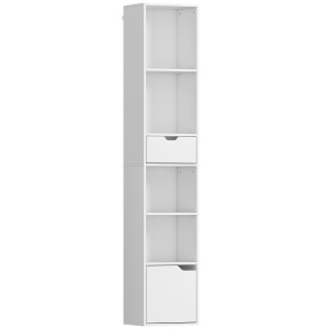 Homcom Scaffale Libreria a 4 Ripiani Aperti con Armadietto e Cassetto, 30x24x158 cm, in Legno Bianco   Aosom Italy