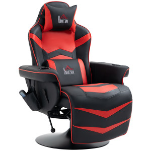 Homcom Sedia da Gaming Massaggiante con Poggiapiedi e Cuscino, in Finta Pelle, 79.5x82.5x111.5 cm, Nero e Rosso   Aosom Italy