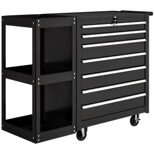 Homcom Carrello Portautensili in Acciaio con 7 Cassetti, Mensola Laterale Staccabile, Ruote, Capacità 120kg, Nero   Aosom Italy