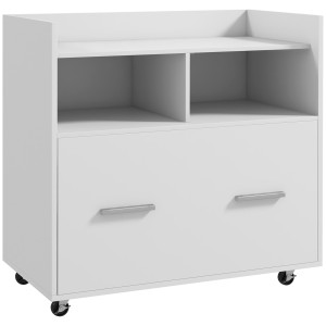 Homcom Mobile Archivio Laterale con Ruote e Ripiano Aperto, Ampio Cassetto, Barra Regolabile Bianco   Aosom Italy