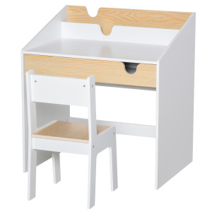 Homcom Set Scrivania e Sedia per Bambini con Cassetto e Scaffale, Bordi Arrotondati, Età 6-10 Anni, Bianco e Legno   Aosom Italy