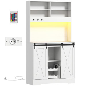 Homcom Credenza Cucina con Prese Elettriche, Luce LED, Portabottiglie e Ante Scorrevoli, 100x38x180 cm, Bianco   Aosom Italy