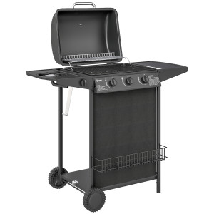 Outsunny Barbecue a Gas con 4 Bruciatori Indipendenti e Coperchio con Termometro, 108x54x97 cm, Nero