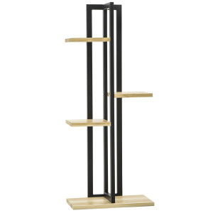 Outsunny Portapiante a 4 Ripiani dallo Stile Industriale in Legno di Abete e Metallo, 45x25x110 cm, Nero e color Legno