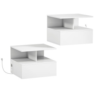 Homcom Set 2 Comodini Sospesi: Stazione di Ricarica, Cassetto, Scaffale, Bianco   Aosom Italy