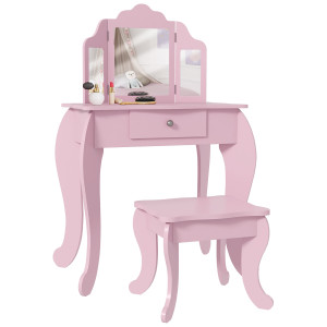 Homcom Tavolo da Trucco per Bambini con Sgabello e Triplo Specchio, in Legno e Acrilico, 63x40x85.5 cm, Rosa   Aosom Italy