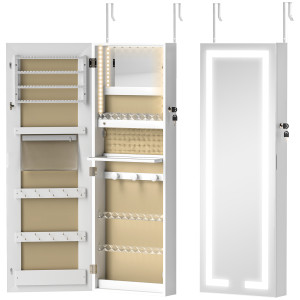 Homcom Armadietto Portagioie da Parete o Porta con Specchio Interno e Luci LED, con Serratura e Chiave, Tasca con Zip, Bianco   Aosom Italy
