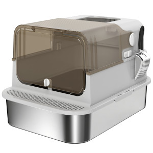 Pawhut Lettiera per Gatti Chiusa XXL in Acciaio Inox, Coperchio Apribile a 90° e Doppie Porte, 70x50x46.5 cm, Grigio   Aosom Italy