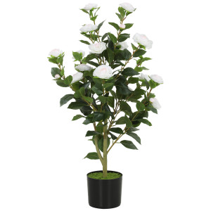 Homcom Pianta Finta di Camelia con Fiori Realistici, 176 Foglie in PEVA e Vaso Nero in PP Riempito in Cemento, Bianco   Aosom Italy