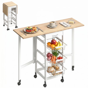 Homcom Carrello da Cucina con 3 Cestini, Cassetto e Ribalte, 6 Ruote Girevoli, in MDF e Metallo, 37x37x77.5cm, Bianco e Legno Aosom