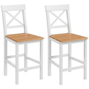 Homcom Set di 2 Sgabelli Bar, Sgabelli Cucina Alti con Schienale Alto, Poggiapiedi, in Legno di Pino, Naturale e Bianco   Aosom Italy