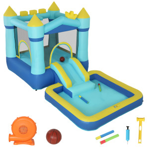 Aiyaplay Castello Gonfiabile per Bambini 4 in 1, Scivolo, Trampolino, Piscina Palline/Acqua, Canestro, 3-8 Anni, Blu   Aosom Italy