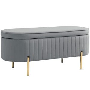 Homcom Panca Contenitore Ovale da 72L con Coperchio Sollevabile, in Tessuto Vellutato e Legno, 108x44x43.5 cm, Grigio   Aosom Italy