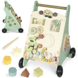 Aiyaplay Carrello Primi Passi in Legno con Freno Regolabile, in Legno Levigati per Bambini 18+ Mesi, Verde   Aosom Italy