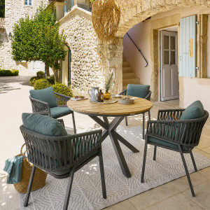 Ensemble table de jardin + 4 fauteuils ORIENGO Acacia / Graphite places - Aluminium traité époxy, certifié FSC Hespéride