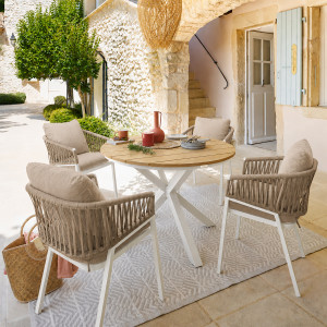 Ensemble table de jardin + 4 fauteuils ORIENGO Acacia / Blanc places - Aluminium traité époxy, certifié FSC Hespéride