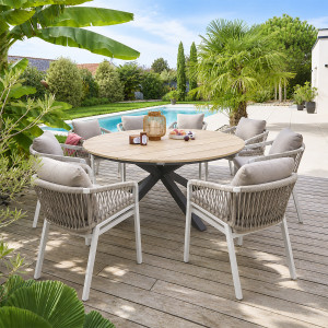 Ensemble table de jardin + 8 fauteuils ORIENGO Acacia / Graphite places - Aluminium traité époxy, certifié FSC Hespéride