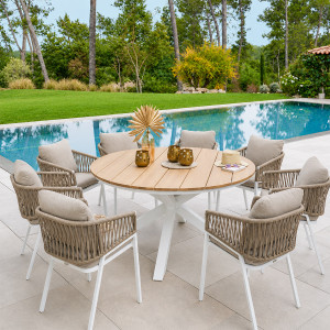 Ensemble table de jardin + 8 fauteuils ORIENGO Acacia / Blanc places - Aluminium traité époxy, certifié FSC Hespéride