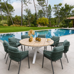 Ensemble table de jardin + 8 fauteuils ORIENGO Acacia / Blanc places - Aluminium traité époxy, certifié FSC Hespéride
