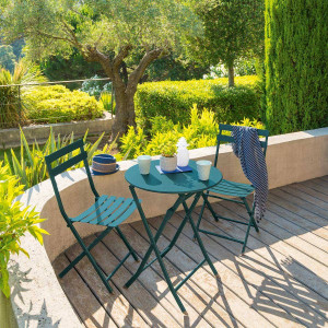 Table de jardin pliante ronde GREENSBORO Bleu canard 2 places - Acier traité époxy, Traitement antirouille renforcé Hespéride