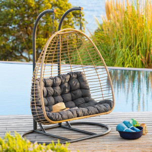 Fauteuil oeuf suspendu sur pied AJAR Ardoise 2 places - Acier traité époxy, Résine tressée synthétique, Polyester Hespéride