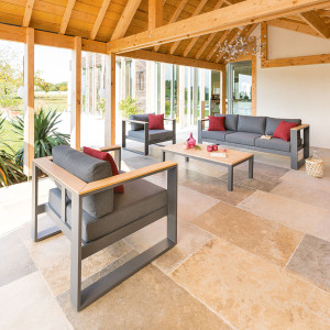 Salon de jardin EMPERIA Gris zébrano, Grpahite   Acacia 5 places - Aluminium traité époxy, Polyester, certifié FSC® Hespéride