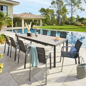 Table de jardin EVASION Seigle / Graphite 10 places - Aluminium traité époxy, Lattes effet bois Hespéride