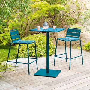 Table haute de jardin PHUKET Bleu canard 2 places - Acier traité époxy, Traitement antirouille renforcé Hespéride