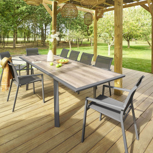 Table de jardin extensible PAVANE Pécan   Graphite 10 places - Aluminium traité époxy, ECP Hespéride