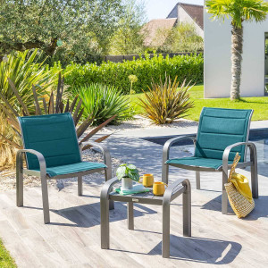 Salon de jardin duo ELYN Bleu canard   Graphite 2 places - Aluminium, Texaline Hespéride