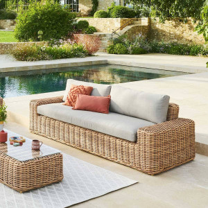 Canapé de jardin SAVINIA Tahini 3 places - Aluminium traité époxy, Résine tressée synthétique Hespéride