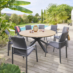 Table de jardin ronde ORIENGO Acacia   Graphite 8 places - Aluminium traité époxy, certifié FSC® Hespéride