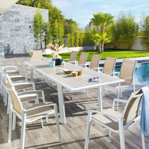 Table de jardin extensible PAVANE Lin   Blanc 12 places - Aluminium traité époxy Hespéride