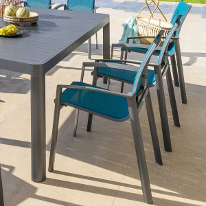 Fauteuil de jardin empilable AXANT Bleu canard / Graphite Aluminium traité époxy, Texaline Hespéride